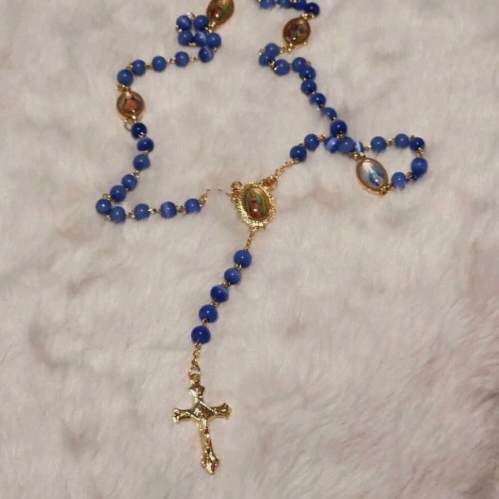 Catholic Dark Blue Moonstone Beads Necklace with Gold Crucifix Rosary
